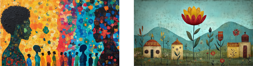 The image features two vibrant artworks: on the left, an abstract painting of colorful silhouettes against a textured background, symbolizing connection and diversity. On the right, a whimsical folk-art scene with simple houses and a towering stylized flower against rolling hills, evoking harmony and simplicity. Both artworks celebrate community and nature through bold colors and expressive compositions.