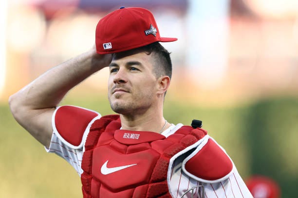 Realmuto of the Philadelphia Phillies looks on before Game Six of the Championship Series against the Arizona Diamondbacks at Citizens Bank Park on...