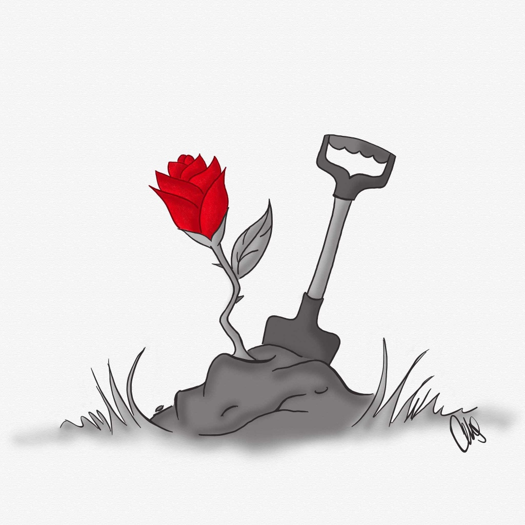 Digital image of a dirt mound with a red rose and a shovel sticking out of it. The rose petals are red but the rest of the image is black and white.