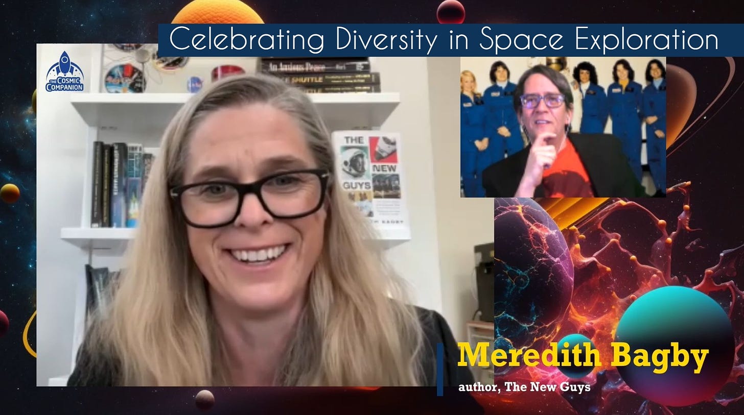 Talking Diversity in Space Exploration with Meredith Bagby (left, a middle-aged Caucasian woman with long blonde hair and dark geek glasses) and James Maynard (right, a middle-aged Caucasian man with medium dark brown hair and dark geek glasses)