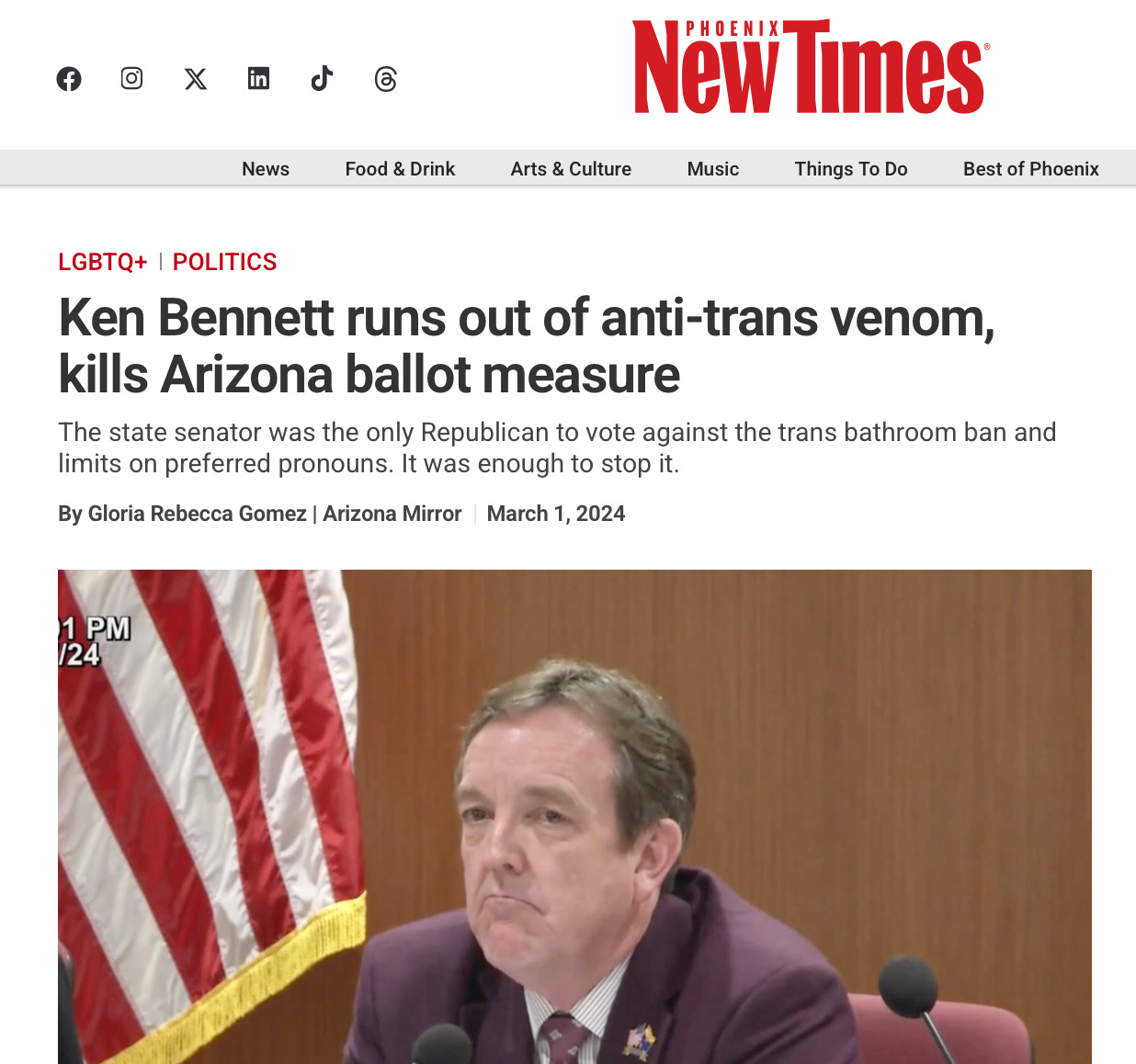 Phoenix New Times Headline about Ken Bennet killing anti-trans bill with photo of Bennet looking teary