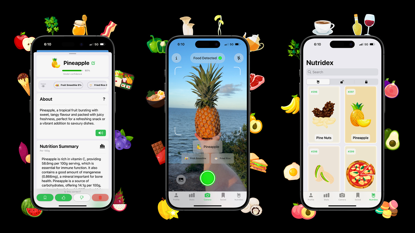 Graphic showing the different screens of Nutrify from taking a photo of food to learning about it to having foods in the Nutridex