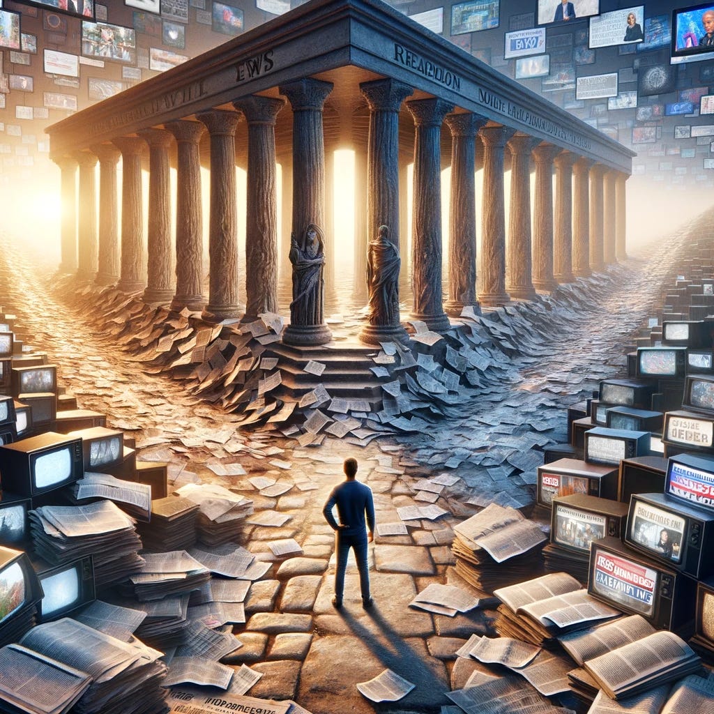 Create an image representing the concept of choosing timeless wisdom over the fleeting nature of daily news. Visualize a person standing at a crossroads: one path is cluttered with scattered newspapers and screens flashing breaking news, symbolizing the overwhelming influx of daily information. The other path is serene and lined with books and ancient columns, representing the pursuit of timeless knowledge and wisdom. The person is looking towards the serene path, indicating their choice to prioritize depth and longevity in what they consume. The scene should convey a clear contrast between the chaotic, temporary nature of news and the calm, enduring value of wisdom. The image should inspire contemplation and the pursuit of meaningful knowledge.