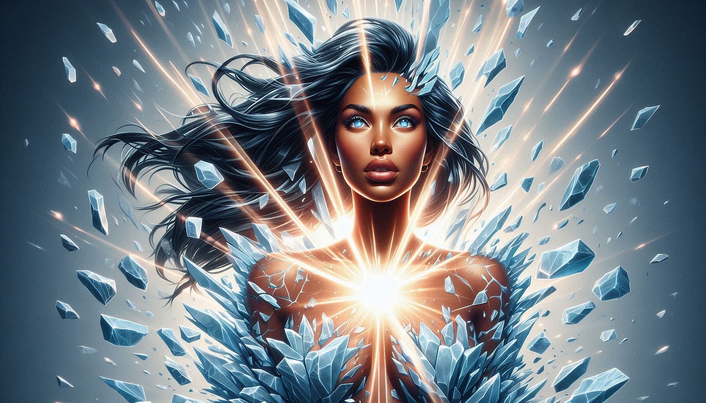 A tan-skinned woman with long black hair is encased in ice that is shattering outward from her body, while radiant beams of light burst from her chest, illuminating the scene and symbolizing clarity and empowerment. A tan-skinned woman with long black hair is encased in ice that is shattering outward from her body, while radiant beams of light burst from her chest, illuminating the scene and symbolizing clarity and empowerment.