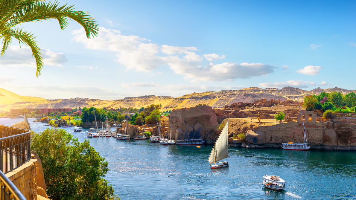 Boats navigate the Nile River, which is flanked by the rich green and gold abundance that is nourished by the nutrient-rich water.