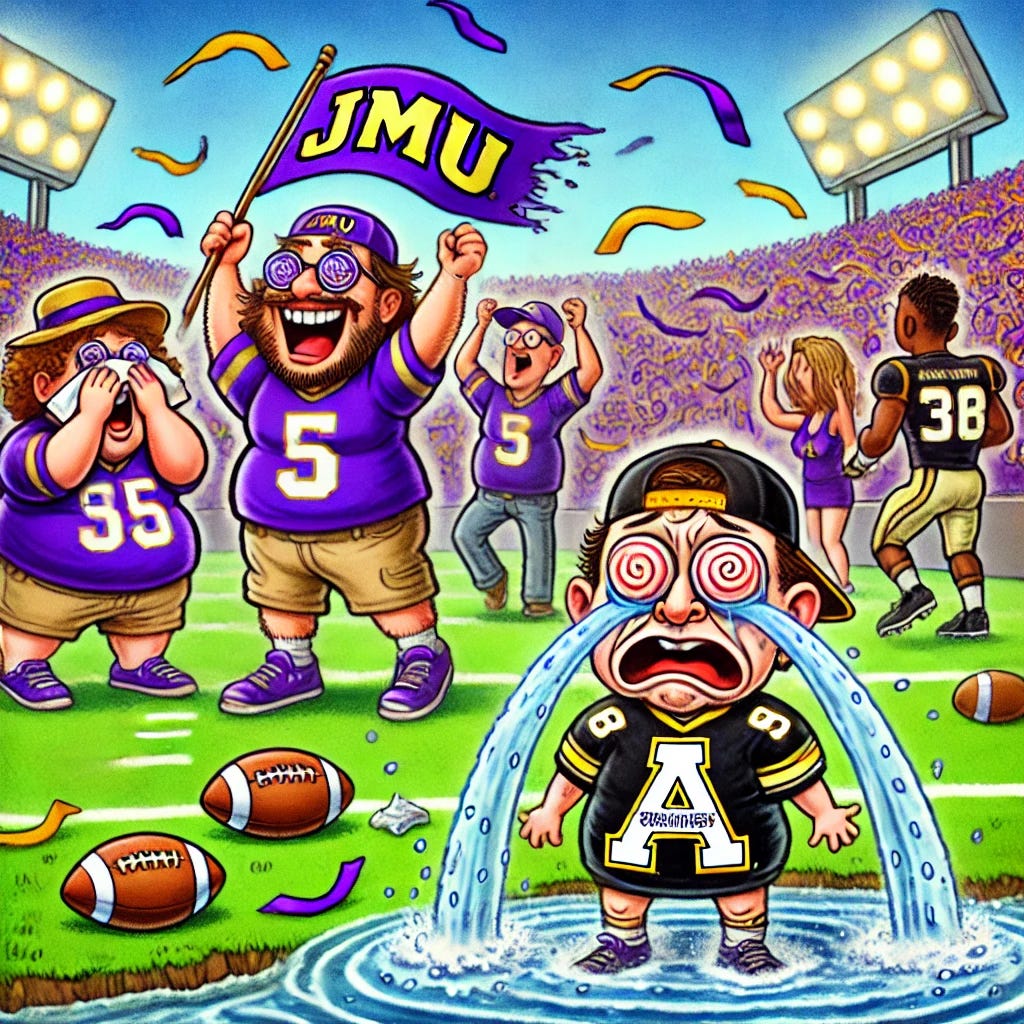 A satirical cartoon-style illustration of a football field scene where JMU fans throw purple and gold streamers in celebration, while nearby, Appalachian State fans are comically depicted wearing black and gold attire with exaggerated, tear-filled eyes, holding tissues, and dramatically shrinking in size. The background features water sources like a river or water fountain with visible disintegrated purple and gold streamers seeping into it, humorously labeled 'Streamer-Infused Water.' The atmosphere is playful, with exaggerated expressions and humorous details, emphasizing the satire of the scene.