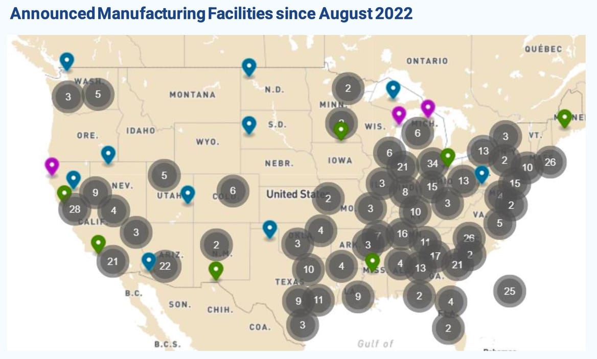 Map of U.S. manufacturing facilities announced since the passage of the Inflation Reduction Act