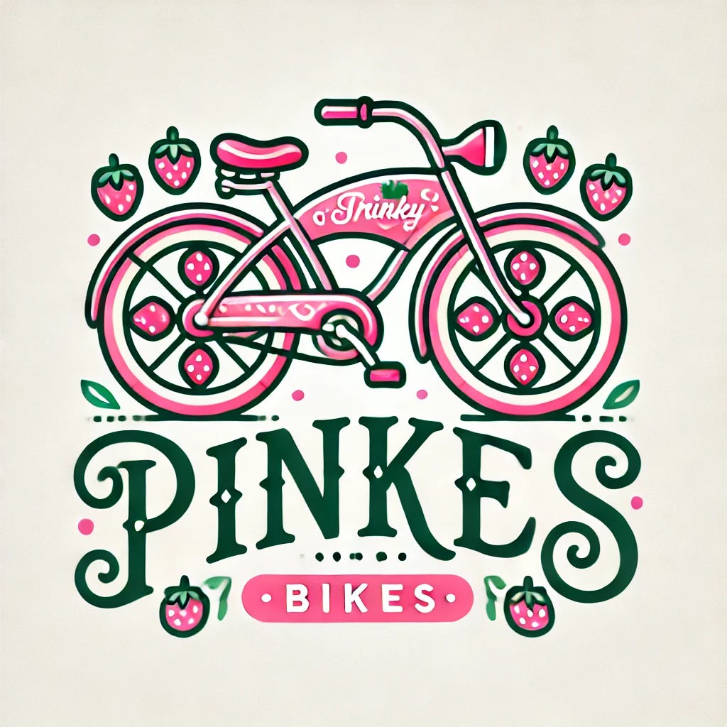 Design a logo for a bike shop that sells pink bikes with strawberry motifs, featuring a stylized pink bicycle adorned with strawberry patterns. The wheels resemble strawberries. The design should be playful, colorful, appealing to a youthful audience, and presented on a white background to emphasize clarity and simplicity. Include the shop's name in a whimsical, cursive font in green or white, ensuring high contrast with the soft pink tones of the bicycle.