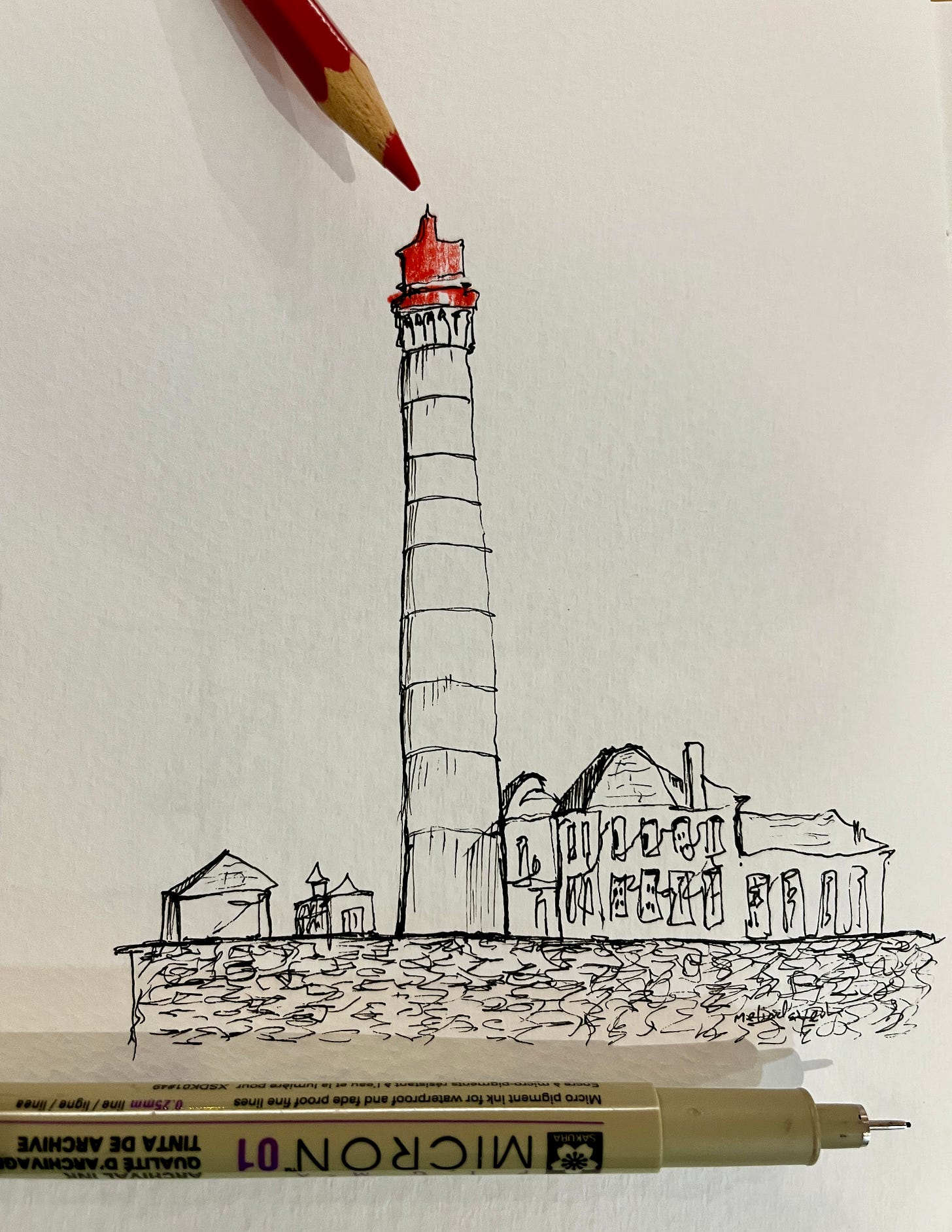 image: fine liner black pen sketch with red colour pencil for the top of the lighthouse, with buildings at the bottom