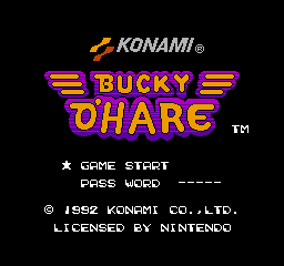 The title screen for Bucky O'Hare, featuring the game's logo, as well as Game Start and Password options.