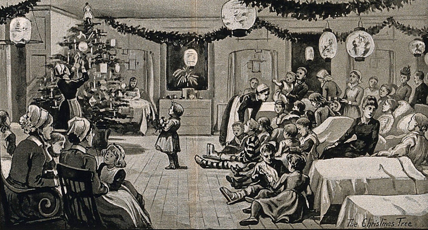 A Victorian illustration showing a large Christmas tree in the corner of a hospital ward. On the right of the image are hospital beds occupied by patients. Other patients, mostly children, sit on the floor looking at the Christmas tree. A nurse is decorating the tree. Garlands of foliage and Chinese lanterns hang from the ceiling.