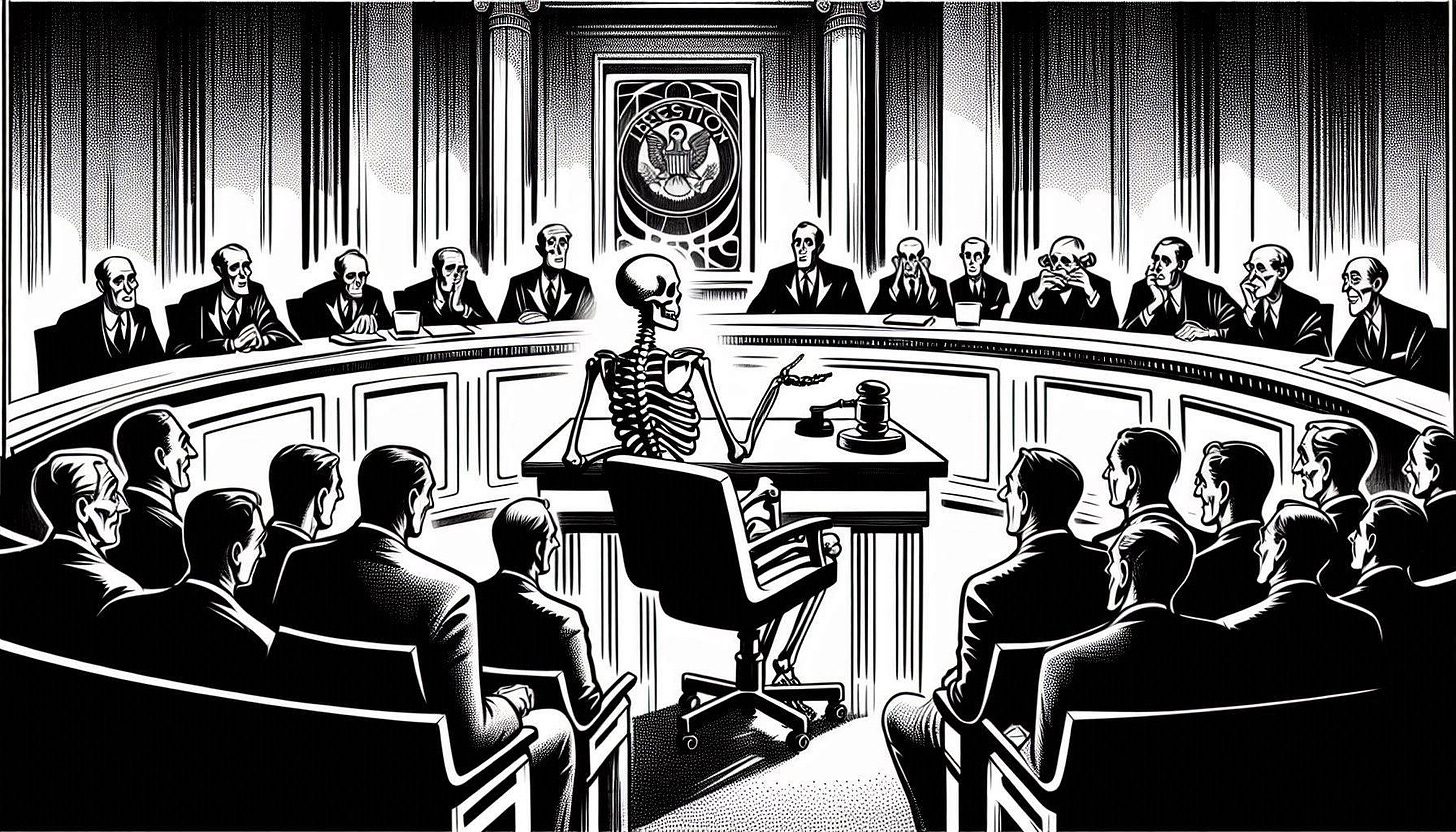 drawing of a skeleton doctor testifying in front of a panel of legislators in black and white art deco style