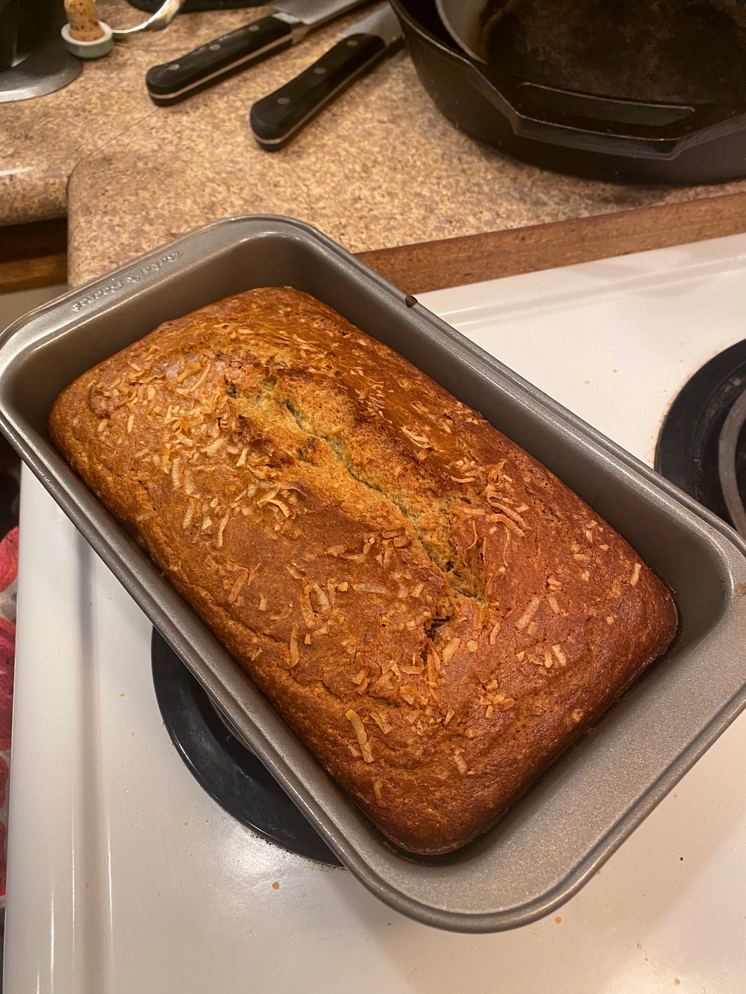 Fresh out of the oven and still in a loaf pan, a browned loaf of banana bread, split open at the top, with pieces of toasted coconut spread throughout.