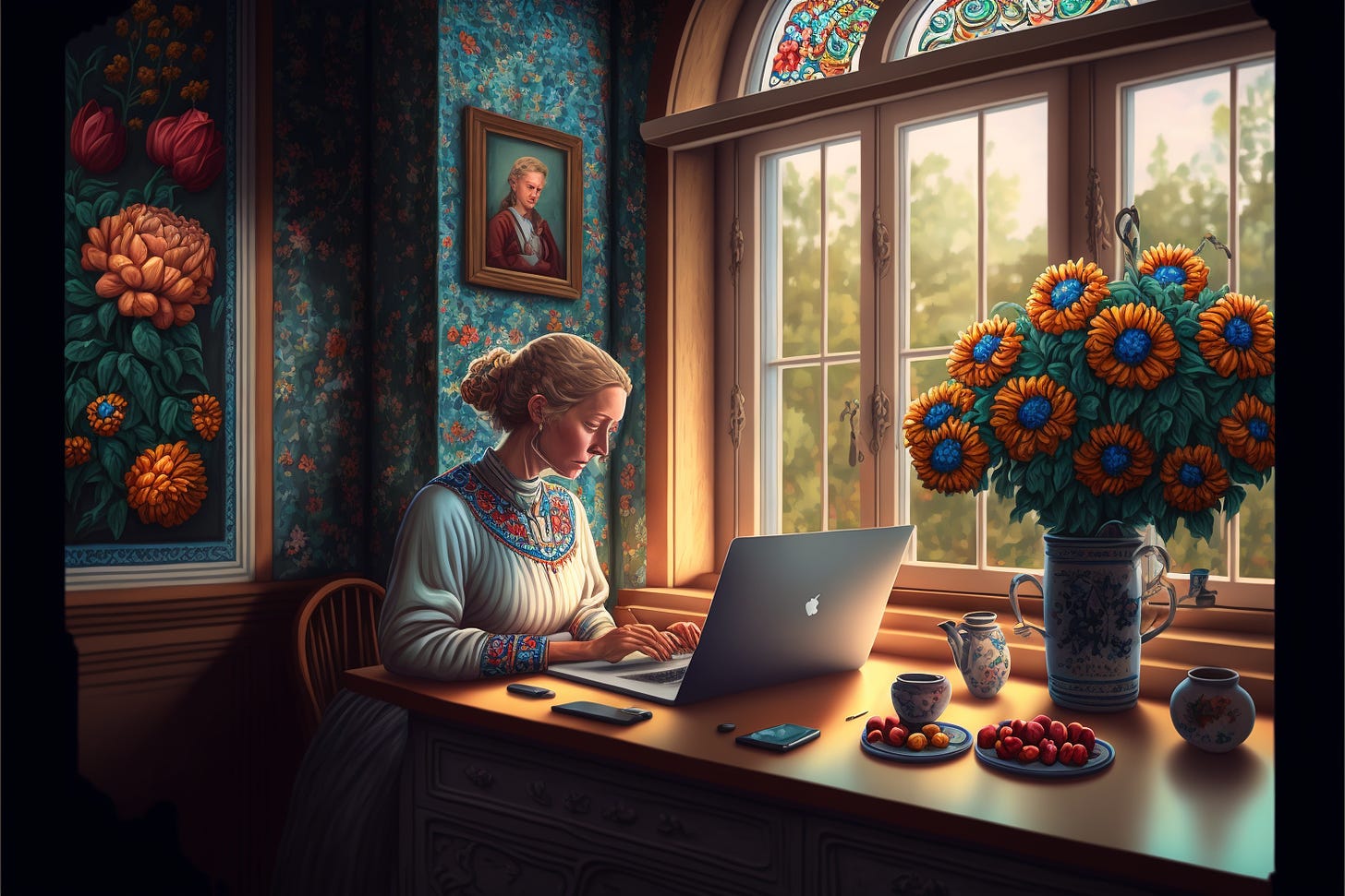 mom working on her laptop at her window tesk, surrounded by flowers, beautiful ceramics, and the portrait of her grandma watching from above