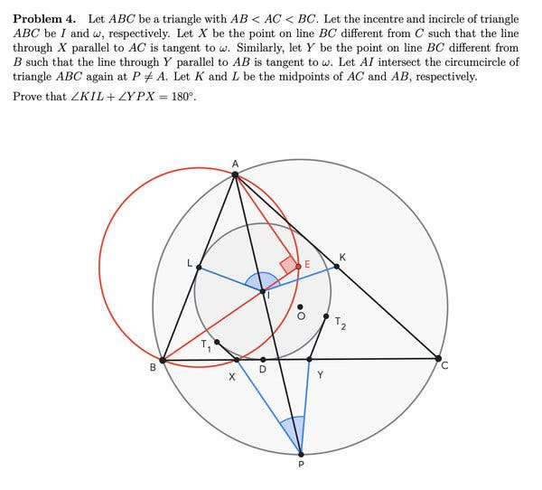 A complex geometry problem written out text with its visual solution in triangles and circles marked with letters, below it.