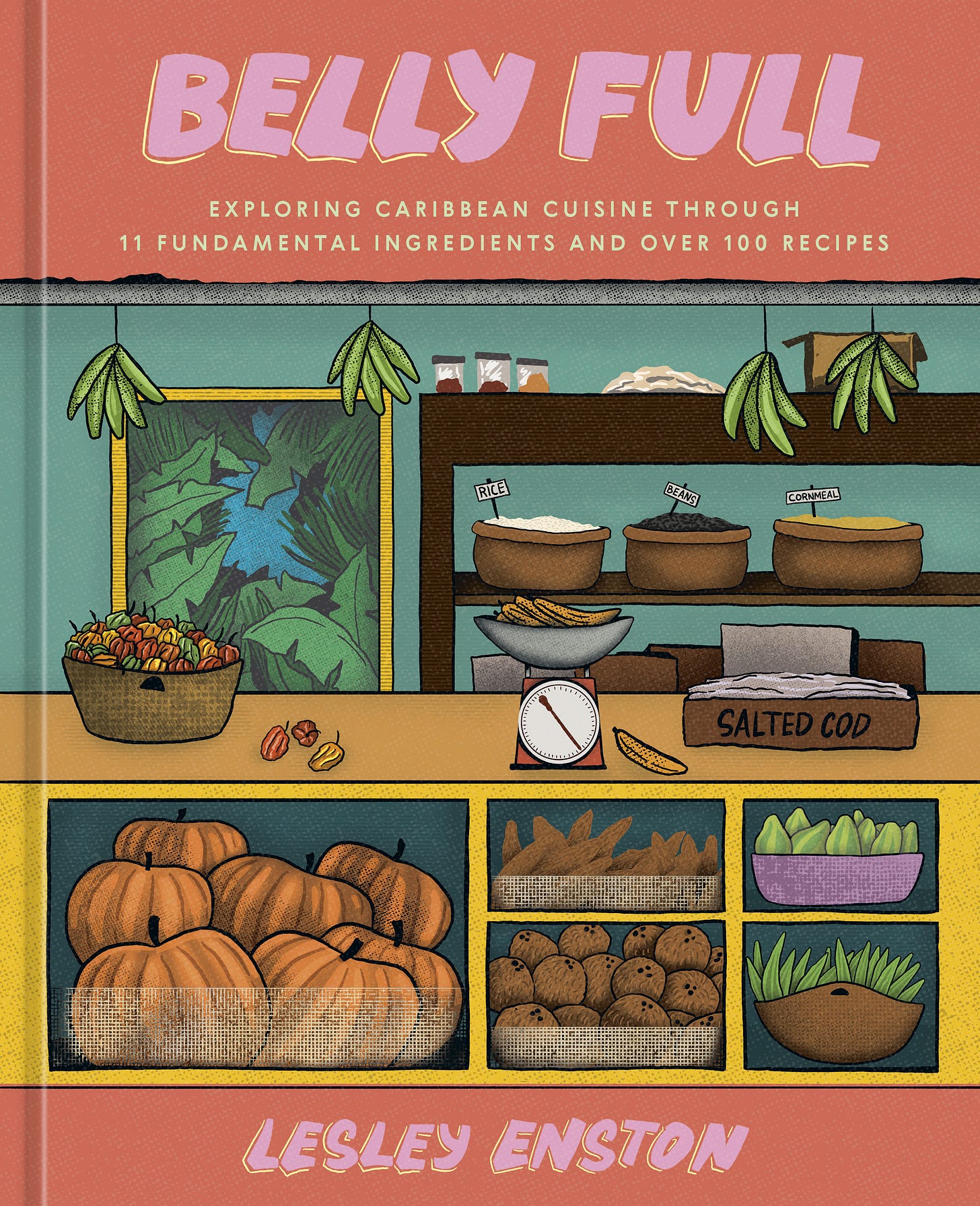 Cover of Belly Full showing a market with salted cod, plantains, scotch bonnet peppers, etc.