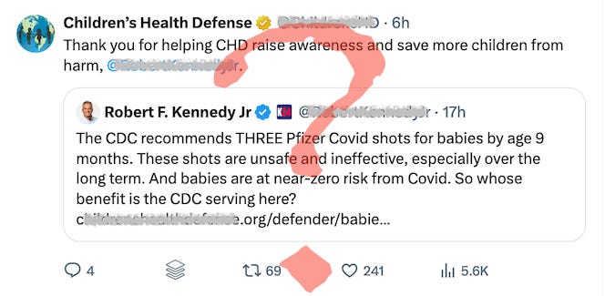 Will someone ask Kennedy how many “near-zero risk” babies have died from COVID? And ask him who’s benefiting from his propaganda that puts children in danager?