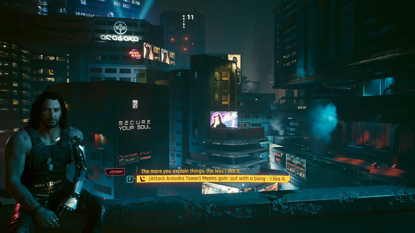 A screenshot of the game Cyberpunk 2077, showing Johnny Silverhand in dialogue, with the option to say: "[Attack Arasaka Tower] Means goin' out with a bang - I like it."