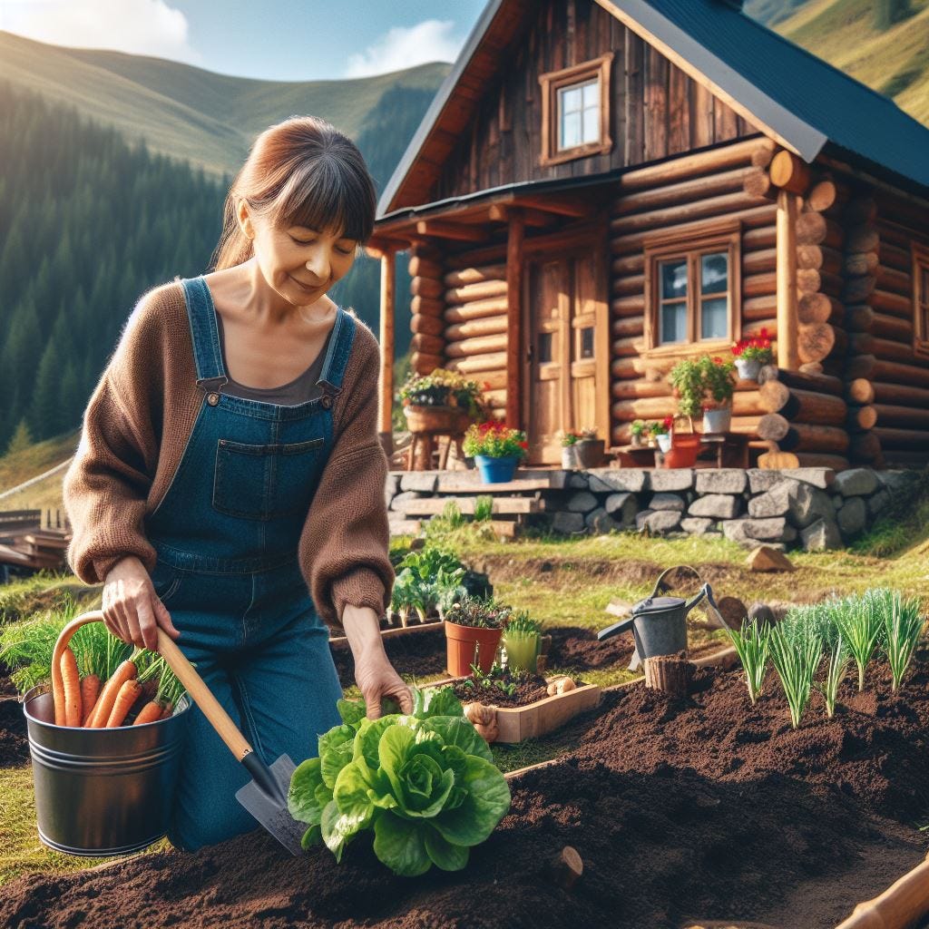 middle-aged woman gardening vegetables in front of a log cabin in a sunny valley, solarpunk