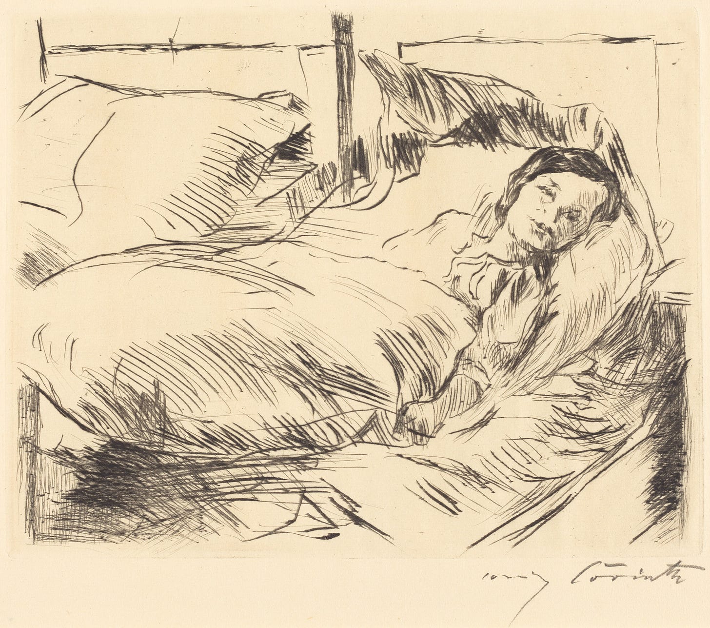 This is an ink-on-paper drawing of a sick child lying in bed.