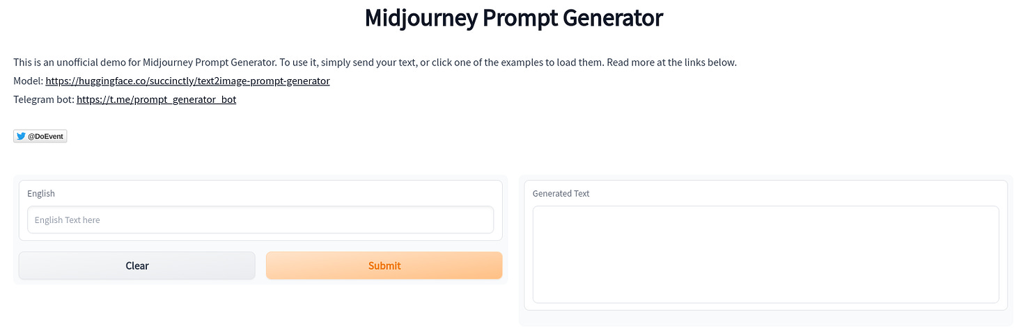 Screenshot of the Midjourney Prompt Generator frontpage