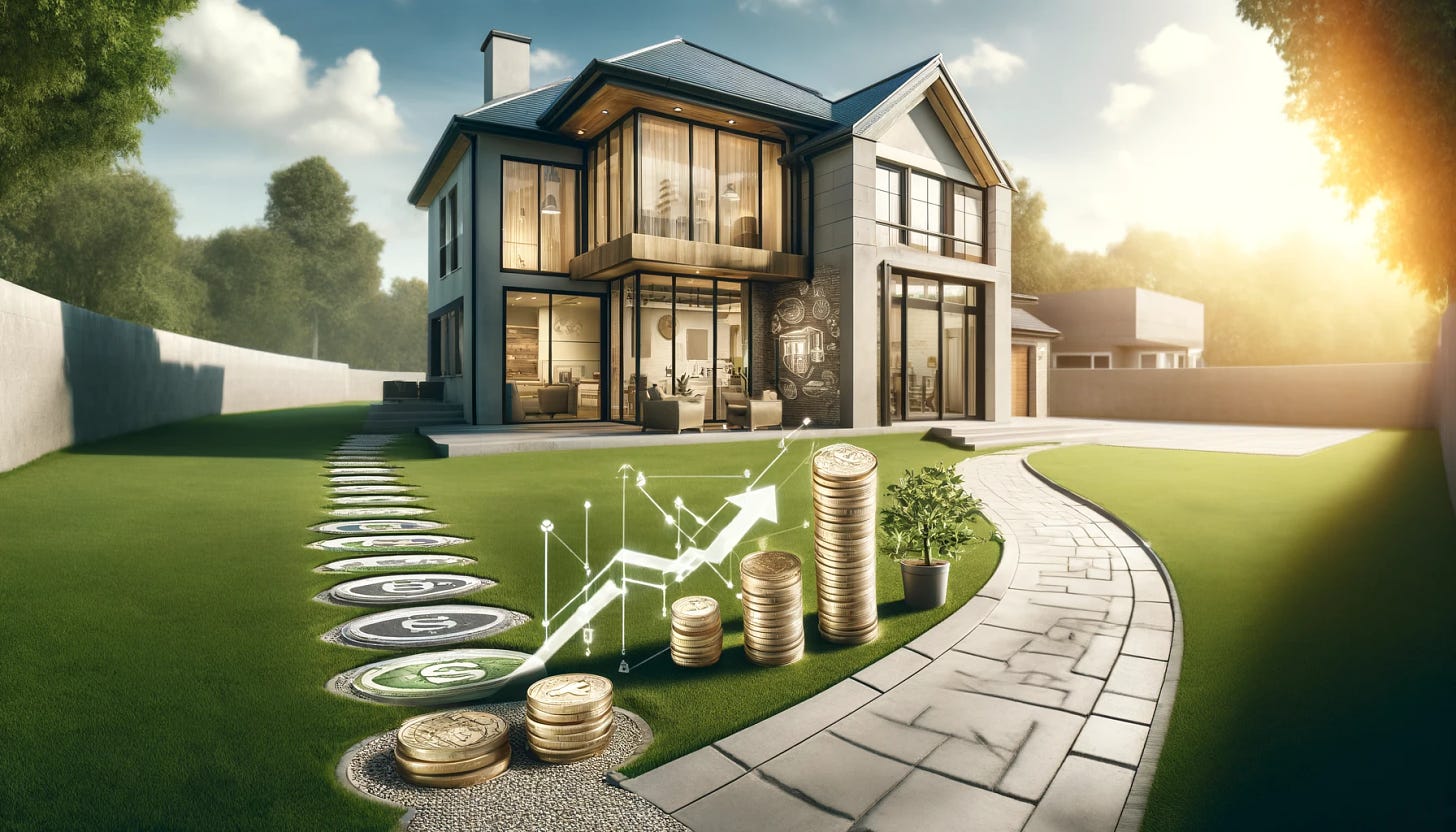 A sophisticated wide image for a YouTube video thumbnail about real estate investment. The scene features a modern, luxurious house viewed from the outside, with large windows. Integrated subtly into the scene are investment symbols: a growth chart etched into a pathway leading to the house, coins and bills that appear like stones along the path, and a small safe visible through one of the ground floor windows. The garden is well-manicured under a sunny sky, emphasizing prosperity and successful investments. The image should be wide to fit a YouTube thumbnail format.