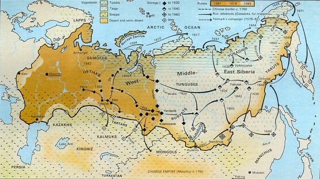 r/Map_Porn - Russian expansion into Siberia (16th and 17th century) [835 × 468]