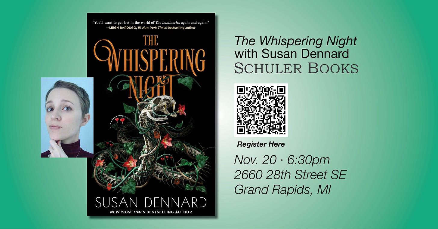 A graphic showing the information for Susan's Grand Rapids signing on Nov. 20th at 6:30PM at Schuler Books