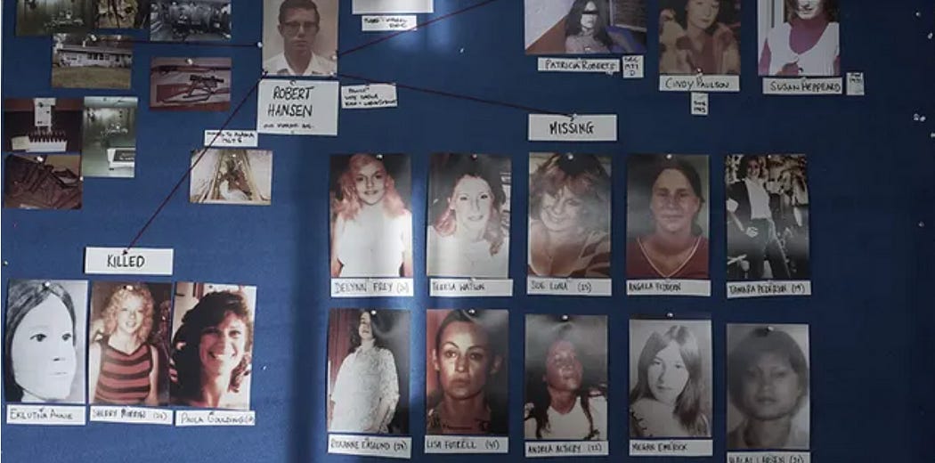 Evidence board linking the victims to Robert Hansen
