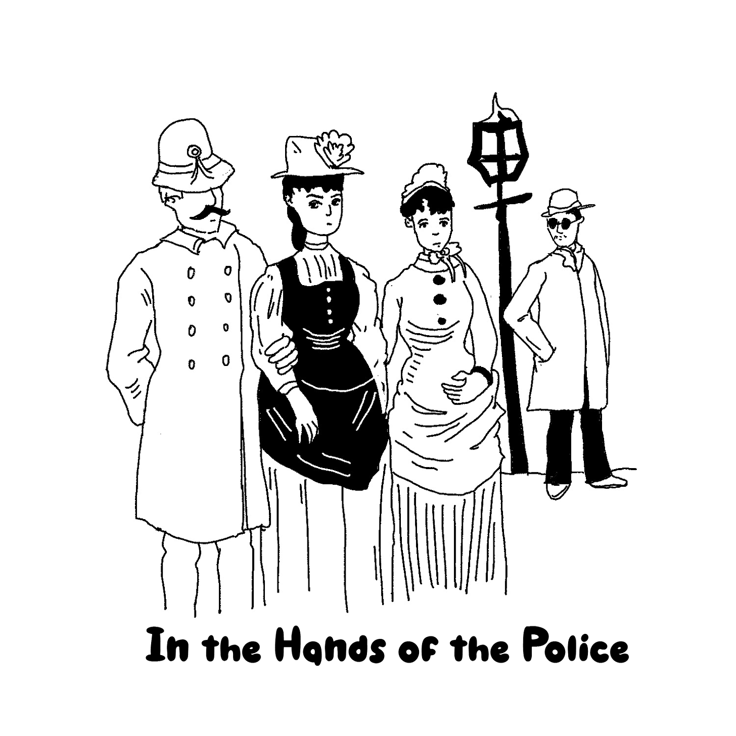 Nellie is flanked by a police officer and a worried-looking woman while a bystander watches from the background. "In the Hands of the Police."