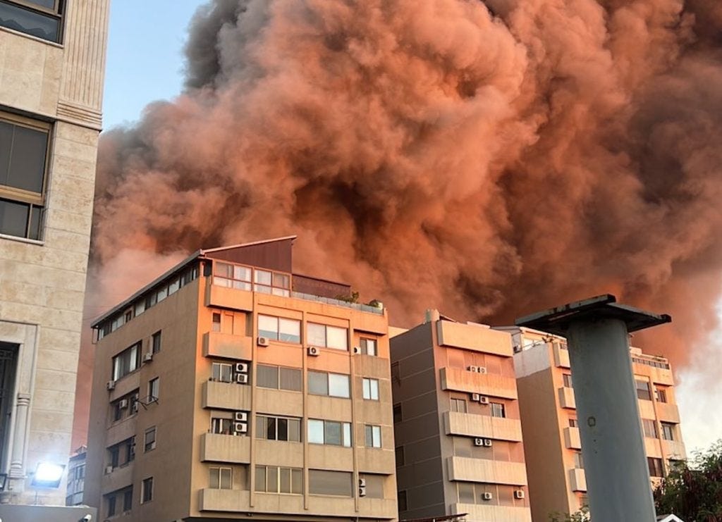 The aftermath of a massive Israeli attack in the Dahiya area of Beirut on September 27, 2024. Photo shared by Lebanese journalist Ahmad El Hajj on social media.