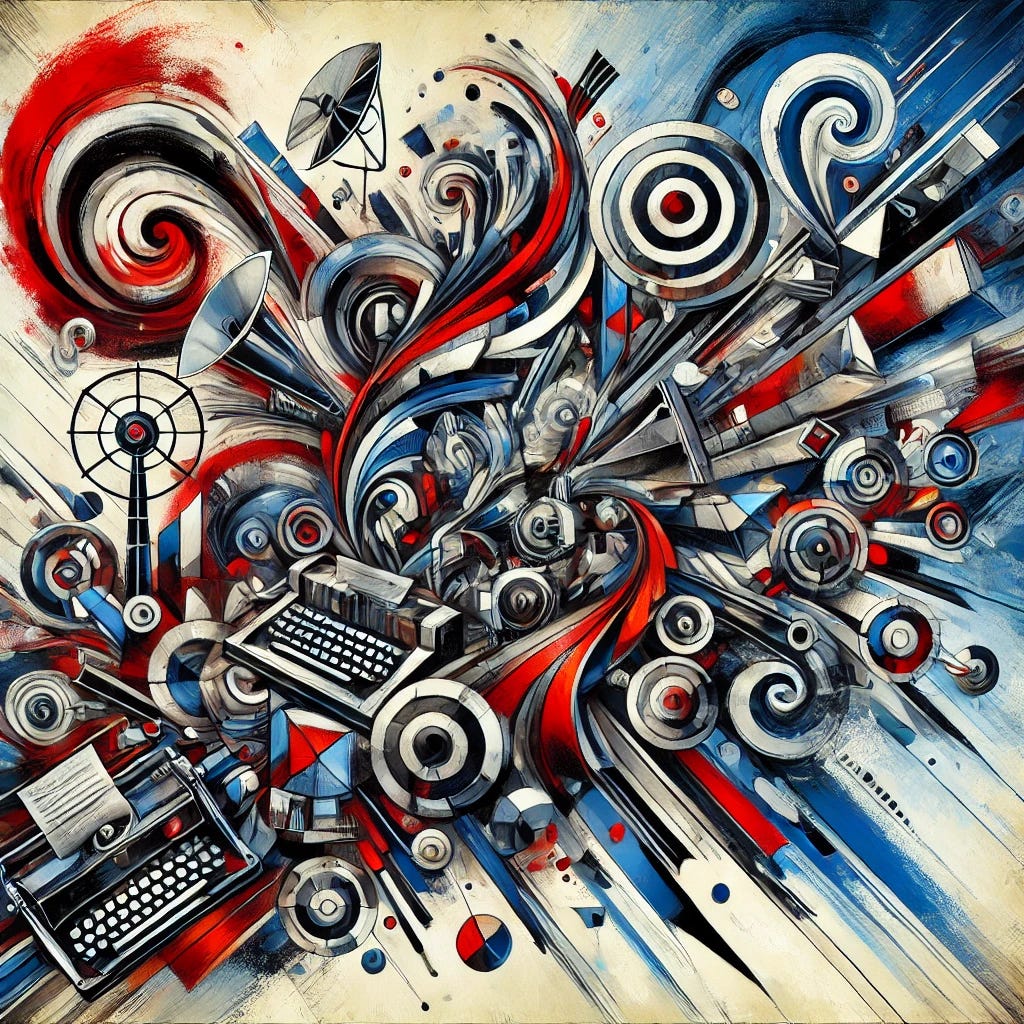 An abstract painting exploring the impact of communication technologies on societal upheaval. The composition features dynamic, fragmented shapes in red, blue, and black, symbolizing historical and modern media revolutions. Swirling, chaotic brushstrokes represent the turbulence caused by the printing press, radio, and social media. Sharp contrasts between structured, linear elements and fluid, uncontrolled textures reflect the tension between curated journalism and unfiltered digital discourse. The artwork embodies movement and transformation, with bold, layered colors conveying the shifting nature of political and public opinion.