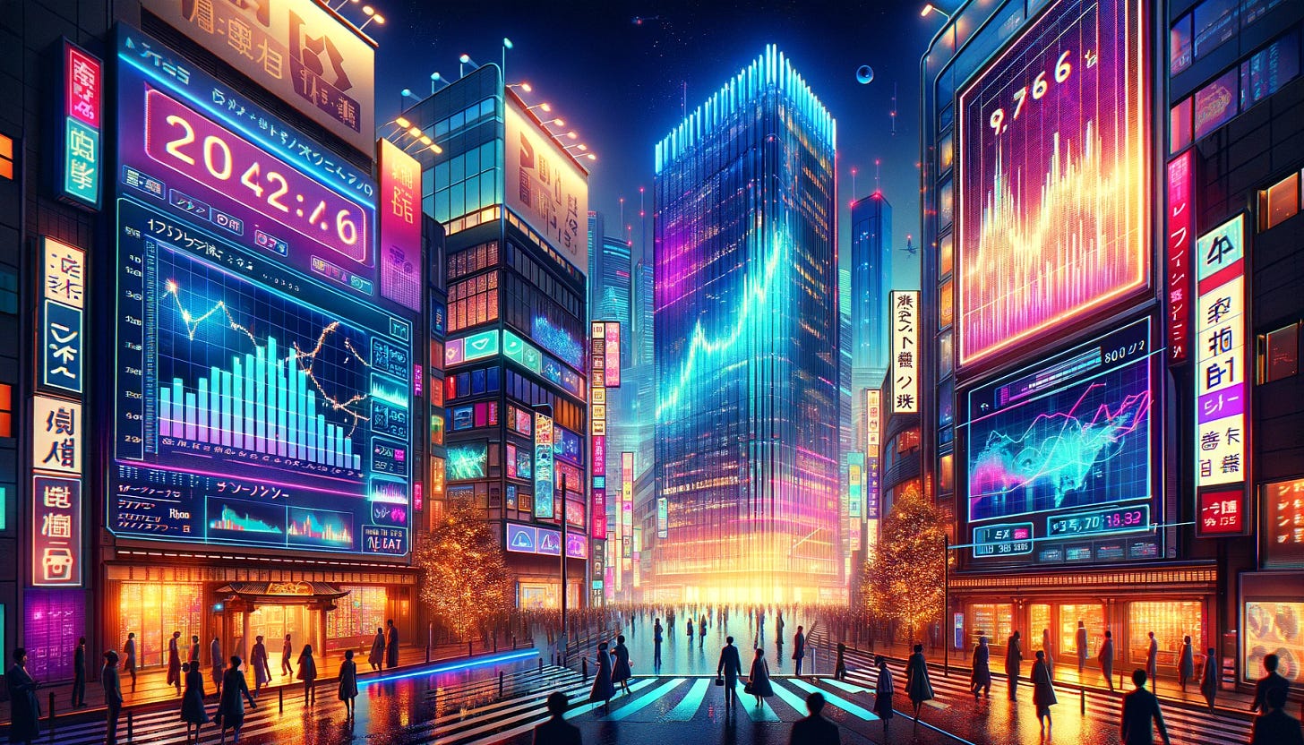 A futuristic and vibrant depiction of Japan's cryptocurrency market landscape, illustrating a bustling urban scene filled with neon lights and digital displays showcasing real-time cryptocurrency rates. Imagine the streets of Tokyo, transformed into a hub of digital finance, where traditional and modern architecture blend seamlessly. Skyscrapers are adorned with large screens displaying graphs and digital currencies, while people interact with augmented reality interfaces to trade and invest. The atmosphere is electric, reflecting the dynamic and innovative spirit of Japan's embrace of virtual assets. This image should capture the essence of a digital revolution in finance, set against the backdrop of Japan's iconic urban environment, all in a 16:9 ratio to emphasize the wide and immersive aspect of the scene.