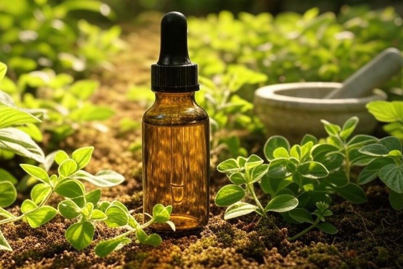 A bottle of essential oil in the dirt

Description automatically generated