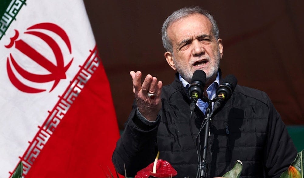 Iranian President Masoud Pezeshkian speaks during a rally commemorating anniversary of 1979 Islamic Revolution in Tehran, Iran, Monday, Feb. 10, 2025. (AP) Iranian President Masoud Pezeshkian speaks during a rally commemorating anniversary of 1979 Islamic Revolution in Tehran, Iran, Monday, Feb. 10, 2025. (AP)