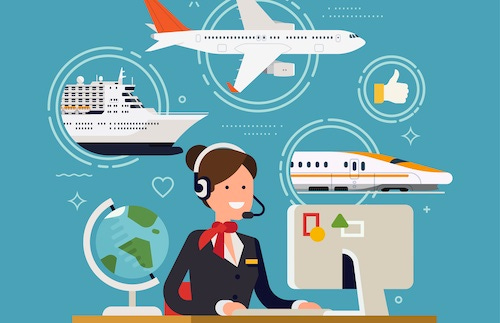 clip art drawing showing a woman wearing a headset, looking at a computer. Behind her are stylized drawings of a cruise ship, an airplane, a train and a globe.