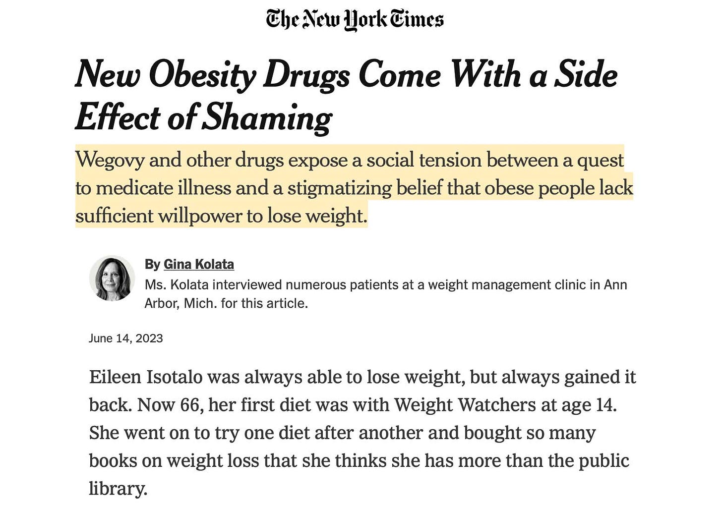Weight loss drugs come with a side of shame - New York Times article