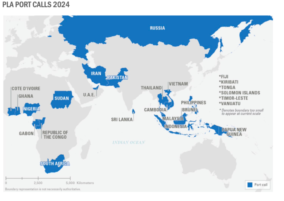 Map of Asia, Africa and the western pacific with PLA Navy ports of call countries for 2024 highlighted in blue. Sudan, South Africa, Gabon, Côte d'Ivoire, Nigeria, Ghana, Iran Pakistan, Indonesia, Russia and other nations in the Pacific. 