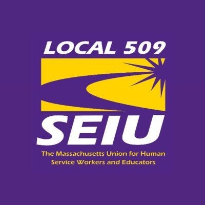 A purple and yellow logo reading "Local 509 SEIU" in white text