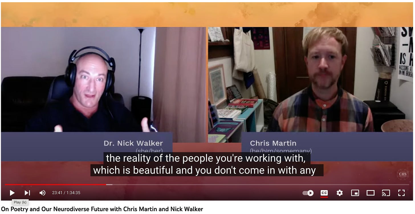 Dr. Nick Walker and Chris Martin have a virtual conversation with the captions "the reality of the people you're working with, which is beautiful and you don't come in with any..."