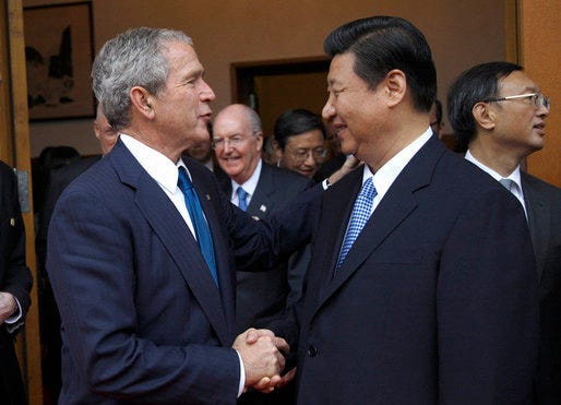 President George W. Bush is greeted by Chinese Vice President Xi Jinping Sunday, Aug. 10, 2008, during his visit to Zhongnanhai, the Chinese leaders compound in Beijing. White House photo by Eric Draper