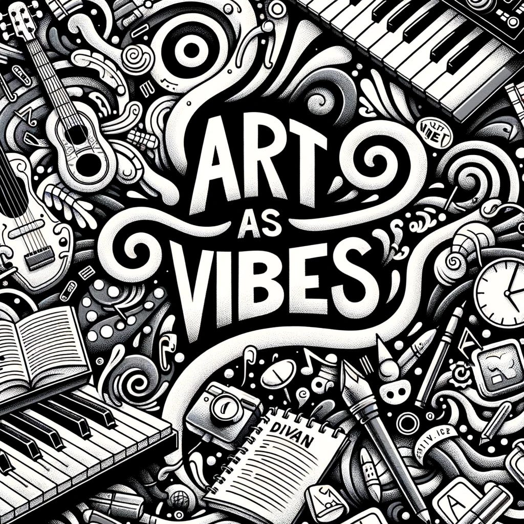 Black and white cartoon illustration with the title 'Art As Vibes' prominently displayed. The background should feature abstract patterns that swirl and dance, evoking a sense of movement and rhythm. Scattered throughout should be objects related to learning and habitualisation, like a bicycle, keyboard, divan, and work tools. The overall feel should be abstract and thought-provoking, highlighting the intertwining of art and daily vibes.