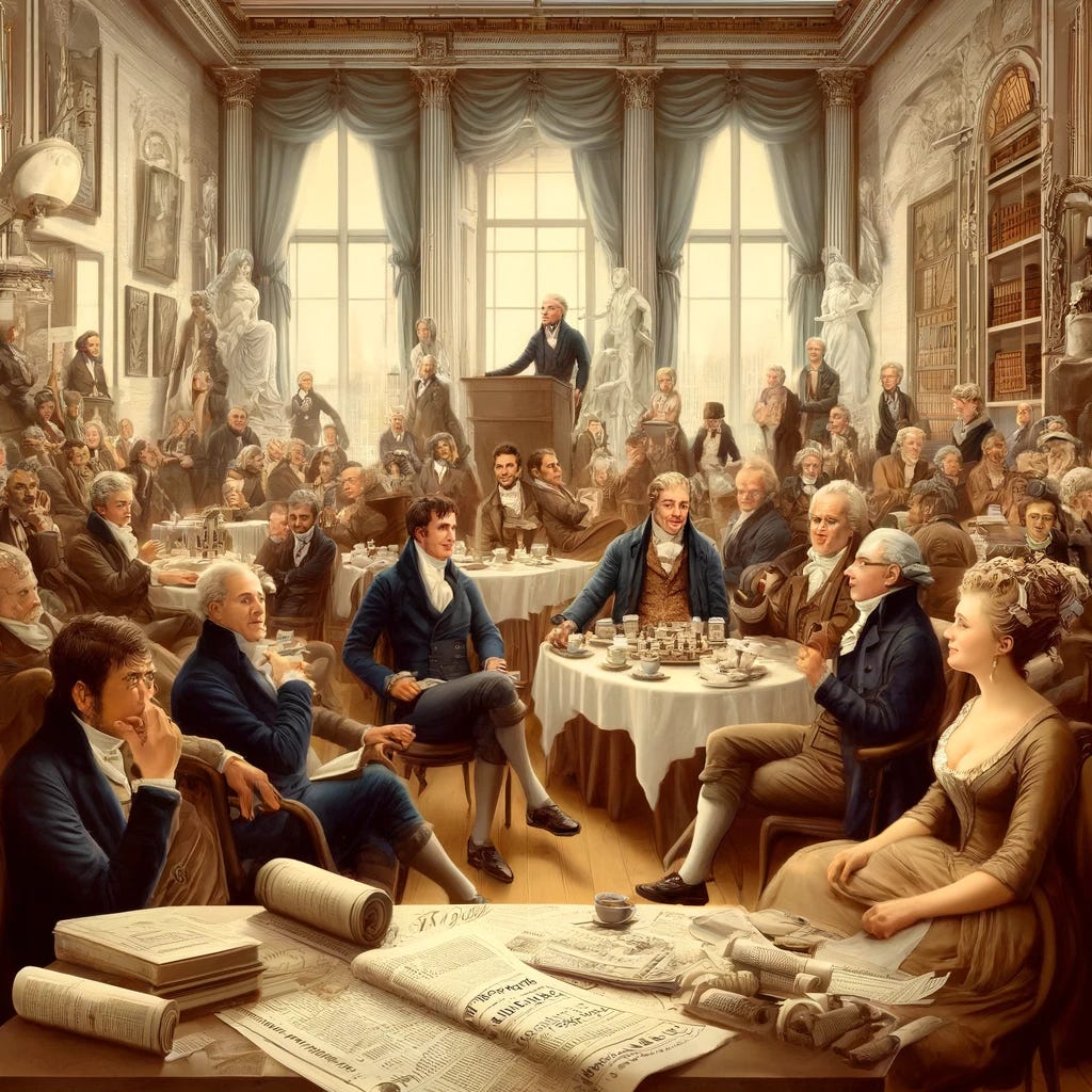 A digital illustration depicting a sophisticated salon setting during the era of the Enlightenment. The scene is bustling with a diverse group of well-dressed individuals engaged in animated discussions. Men and women from the bourgeois class, some seated and others standing, are debating political and philosophical topics. They are surrounded by books, scrolls, and early printed newspapers. The atmosphere is intellectually vibrant, with a focus on democratic thinking and humanism. The salon is elegantly decorated with classical furniture and ornate decorations, evoking the spirit of civic engagement and public discourse of the time.