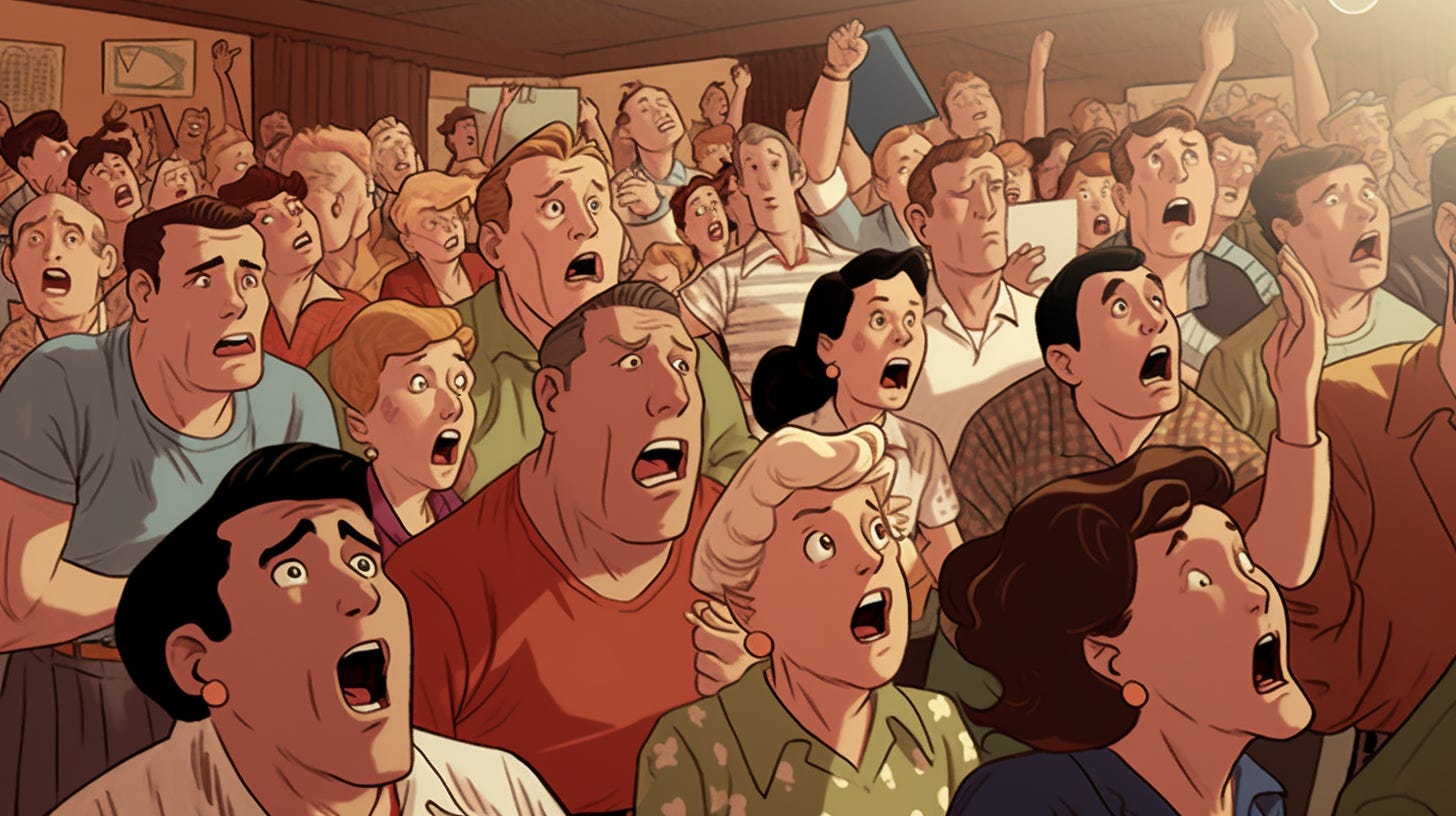 mob of angry moms and dads seated in multi purpose room yelling at someone off-screen, drawn in the style of Hergé, warm lighting, art of animation, colorful, 1950s, hand drawn.