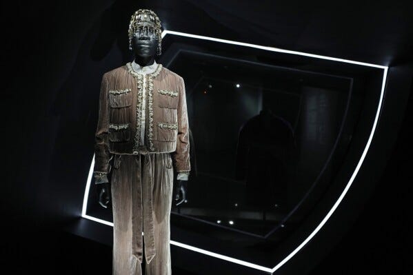 A design by Grace Wales Bonner is displayed at the Metropolitan Museum of Art's Costume Institute exhibition, "Superfine: Tailoring Black Style," on Saturday, May 3, 2025, in New York. (Photo by Charles Sykes/Invision/AP) A design by Grace Wales Bonner is displayed at the Metropolitan Museum of Art's Costume Institute exhibition, "Superfine: Tailoring Black Style," on Saturday, May 3, 2025, in New York. (Photo by Charles Sykes/Invision/AP)