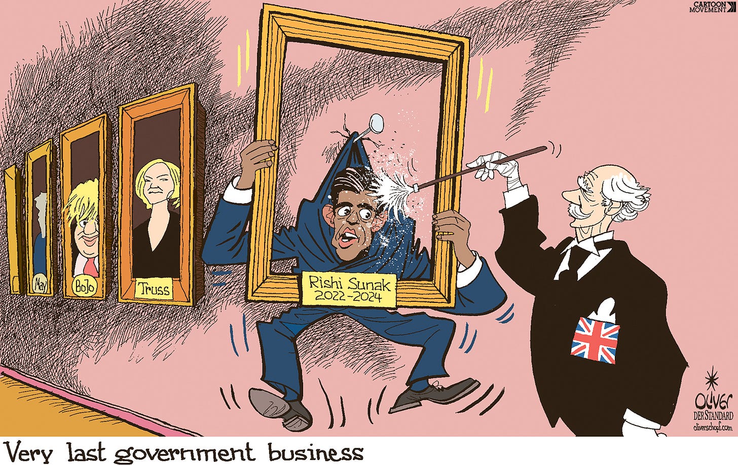 Cartoon showing an English butler dusting off Rishi Sunak, who is hanging on a nail in the wall by the collar of his suit, holding a painting frame. Behind him hang paintings of previous UK leaders. The caption reads: ‘Very last government business’ 