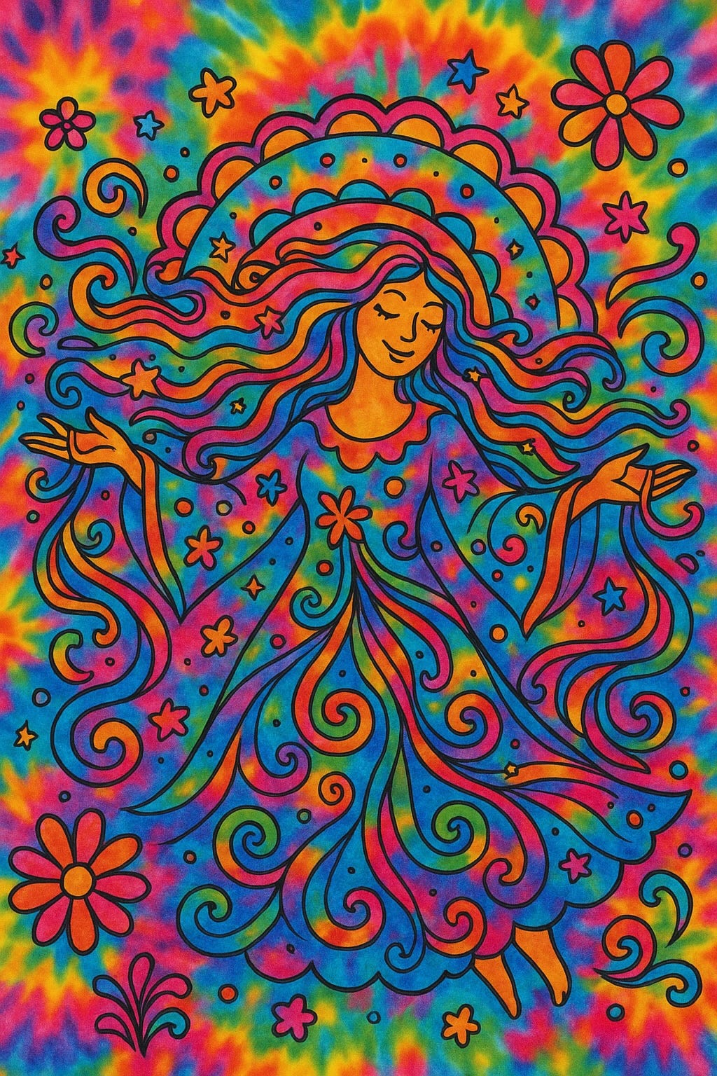 Hippie QuoteWeaver woman with flowing hair in tie-dye colors.