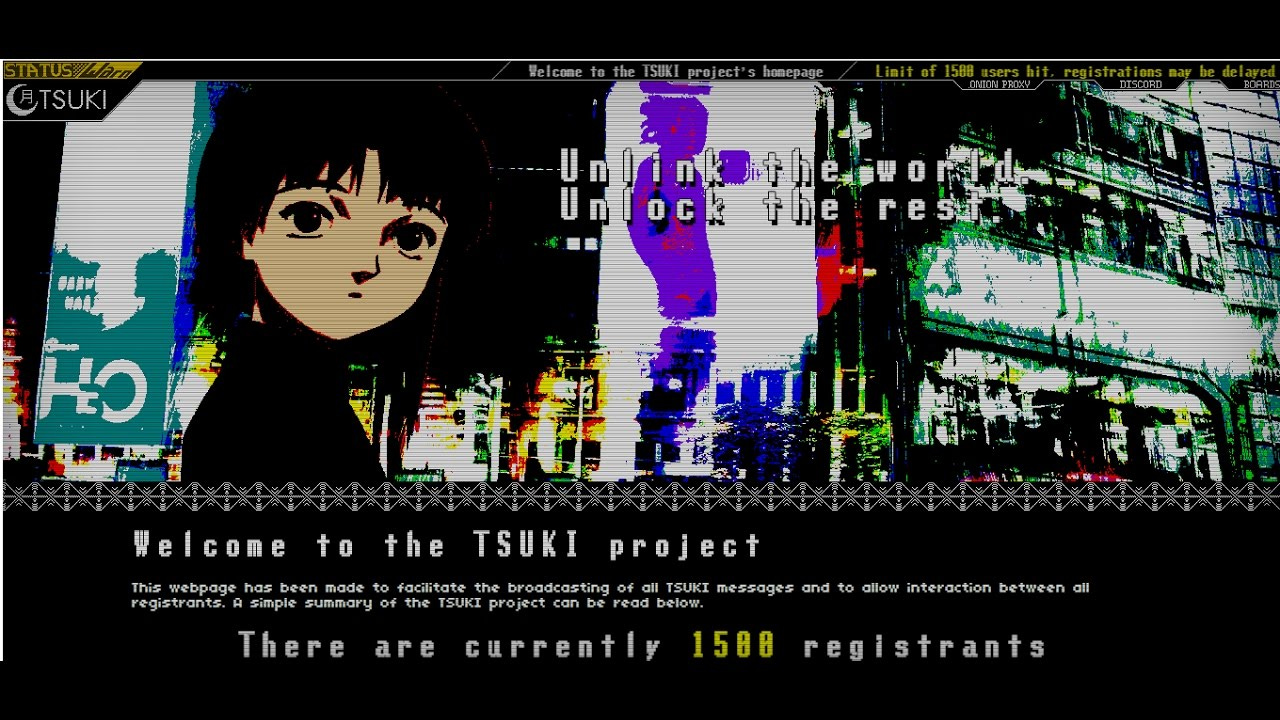 A screenshot for "The TSUKI Project", an old website showing images of the anime "Lain" as well as text reading "Welcome to the Tsuki project There are currently 1588 registrants"