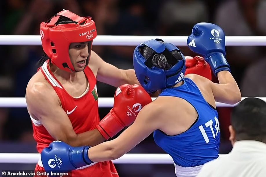 Imane Khelif, on the left, lands a forceful punch on Angela Carini's head in a boxing match, symbolizing the disturbing glorification of male violence against women, overseen by a CCP-influenced IOC.