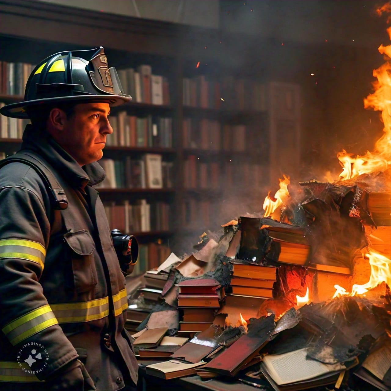 Firman watching a large pile of books burning inside a private library.